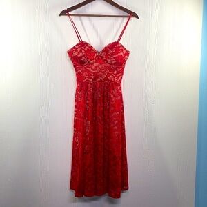 Windsor - Red Floral Lace Spaghetti Strap Midi Dress
